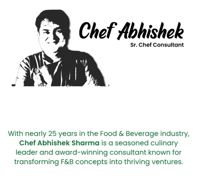 Illustrated portrait of Chef Abhishek Sharma, Senior Chef Consultant, with his biography