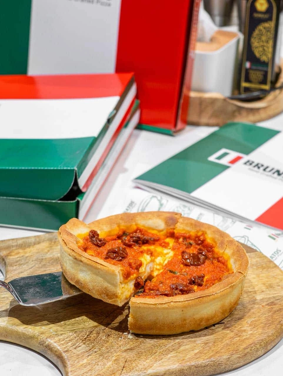 Deep-dish pizza served at Brunatos